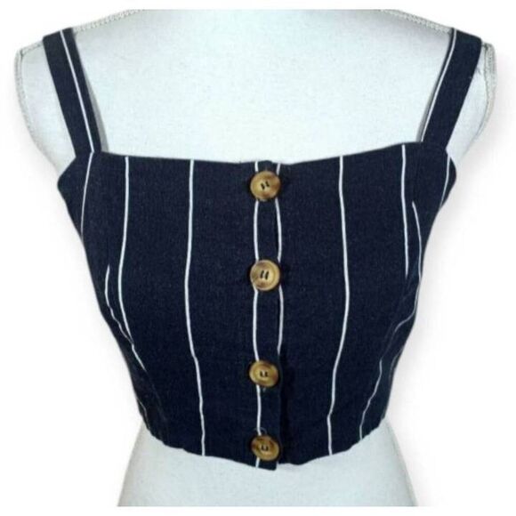 COTTON ON DENIM BLUE & WHITE STRIPE BUTTON FRONT CROP TOP SZ.S EUC. - Picture 2 of 5